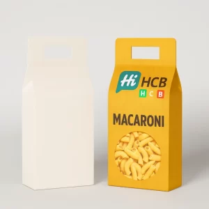 Two tall yellow and white boxes with handle cut-outs and a circular macaroni display window