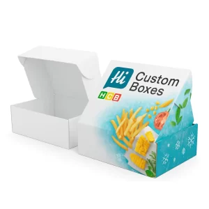 Bespoke white and branded mailer-style boxes for frozen food- one featuring a display stand-up