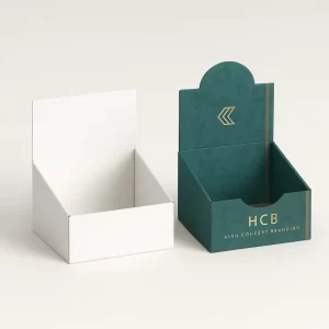 bespoke counter display tray for herbal products- plain white and custom printed teal and gold