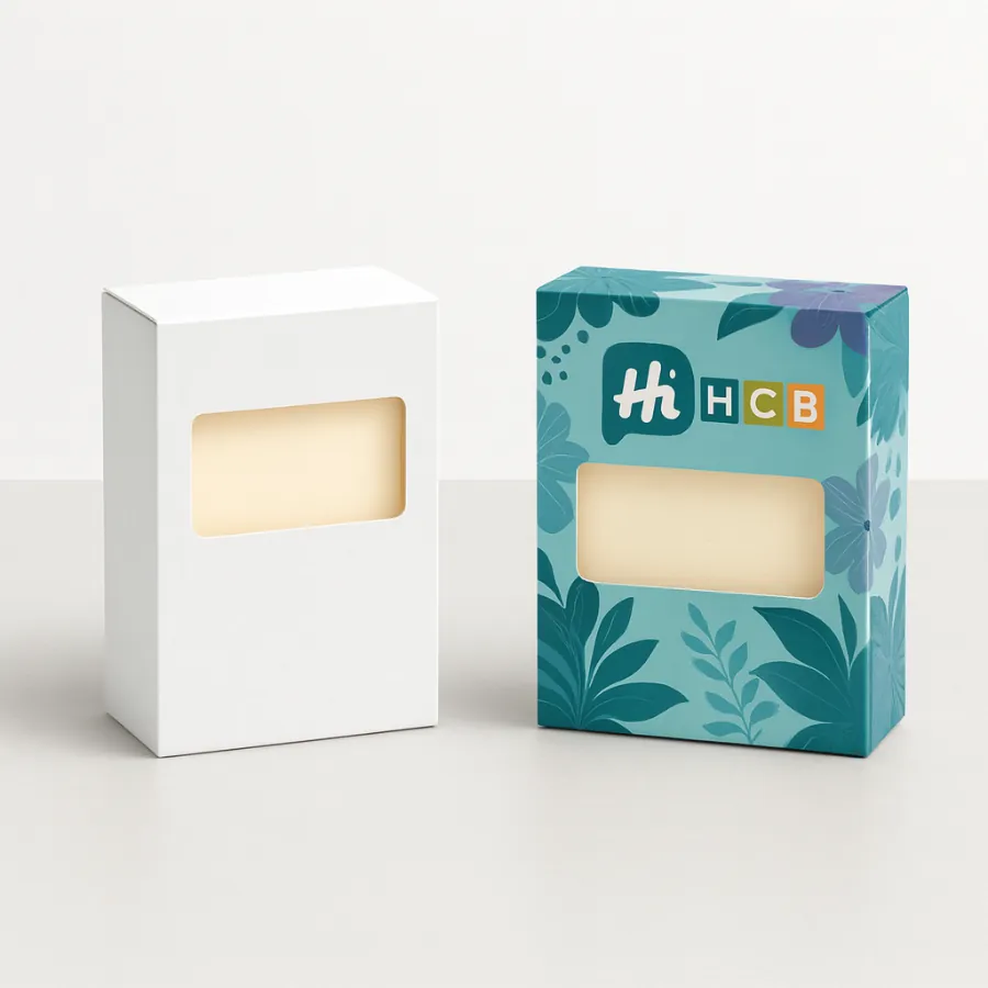 Custom soap tuck boxes with window- one plain- one colourful printed with -Hi- and HCB logos-