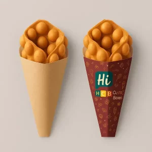 wo bubble waffle sleeves one plain kraft and one printed with Hi HCB branding