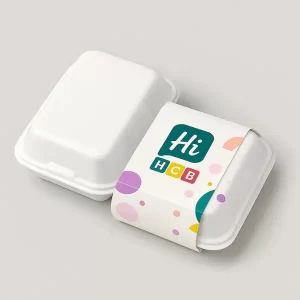 Rectangular takeaway boxes - one plain cream- one with colorful abstract design and Hi Custom Boxes logo