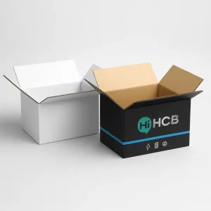 Custom cardboard mobile battery packaging boxes- including a plain white corrugated box and a black branded box with -Hi HCB- logo and blue accents
