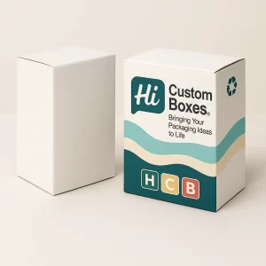 Custom printed and plain rectangular product box mockup with teal and cream wavy design- -Hi Custom Boxes- branding- and recycle logo- ideal for retail packaging
