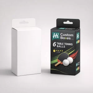 Two hanging retail boxes for table tennis balls, showing a blank white version and branded version.