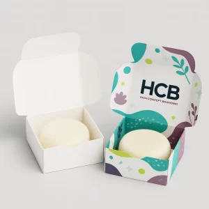 Custom clamshell-style boxes for round bath soaps- one plain- one colourful printed design
