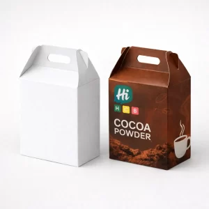 A plain white gable box next to a brown custom-printed cocoa box with a handle