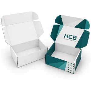 Durable white and teal e-commerce mailer boxes with high-concept branding for secure and stylish product shipping.