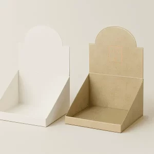 Two empty display boxes one in plain white and the other in kraft style board with floral patterns and HCB logo