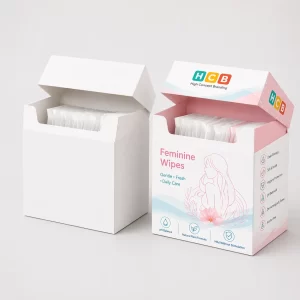 A white retail box standing beside a pink floral branded box for soft feminine wipes.