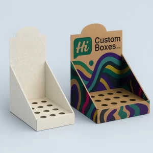 Angled display boxes- one plain- one custom-printed Kraft- with product holes in the base