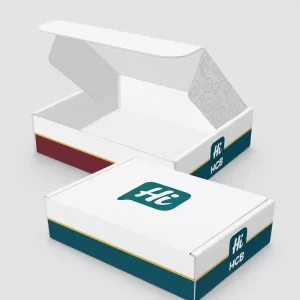 White postal boxes with Hi HCB logo - one closed- one open showing printed maroon- teal- and yellow side accents with patterned inner lid