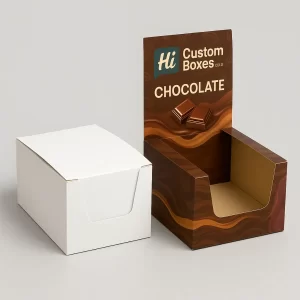 White and custom-printed countertop display box with a rounded top for chocolate