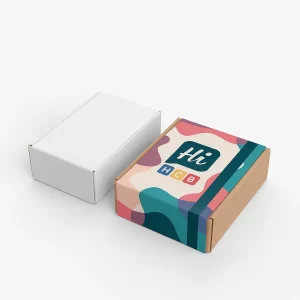Custom printed mailer sleeves featuring bold abstract patterns with HCB logo- designed for secure product packaging and premium brand presentation