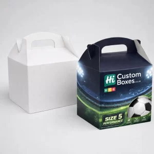 A plain white box next to a dark blue box featuring a floodlit stadium and football graphic.
