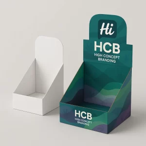 Custom retail point of sale displays- one plain white- one branded with -HCB- logo