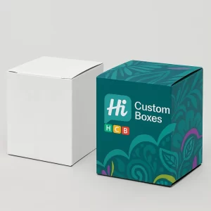 Custom square tuck-end boxes- one white- one teal with a vibrant green and purple pattern