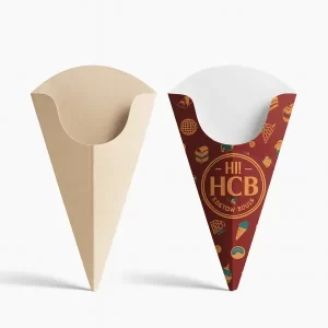 Kraft and branded waffle cone sleeves with Hi HCB design and pattern print