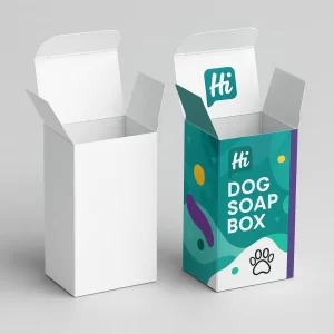 Dog soap packaging with tuck ends- shown as a plain white box and a brightly printed box