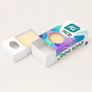 Dog soap packaging as a drawer-style box- one plain- one custom-printed with a round window