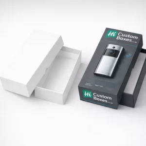 A white two-piece lid and base box beside a grey branded version showing a video doorbell.