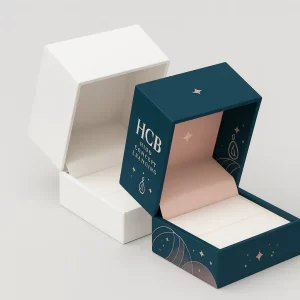 Small white and teal hinged earring boxes- open- showing internal padding and custom graphics