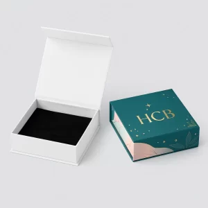White and branded luxury rigid boxes- open- with magnetic flap closures for earrings