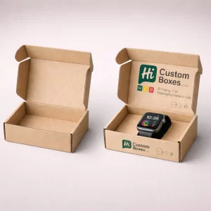 Two open brown kraft paper mailer boxes, one featuring the Hi Custom Boxes logo and smartwatch.