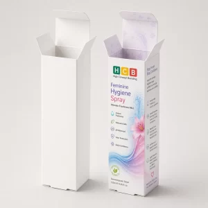 A white retail box standing next to a blue floral branded feminine deodorant spray container.