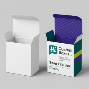 Open- tall white and custom-printed soap flip boxes with graphics inside and out