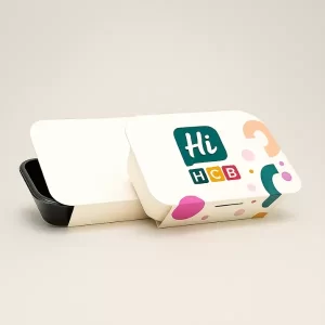 White clamshell food boxes - one plain- one with colorful polka-dot sleeve and Hi Custom Boxes logo