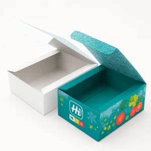 White and branded custom mailer boxes- open- showing printing for frozen food packaging