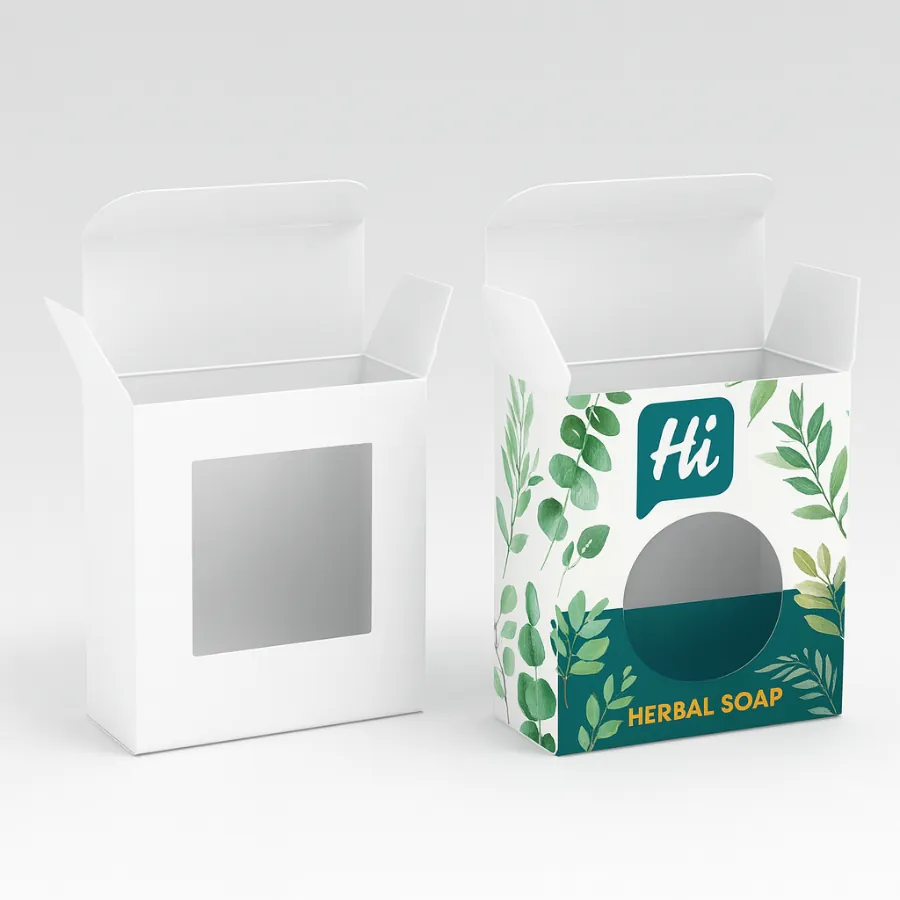Herbal soap packaging with window cut-outs- one plain- one printed with green leaf illustrations