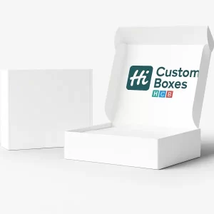 White mailer boxes one closed and one open showing Hi Custom Boxes HCB logo on the inner lid