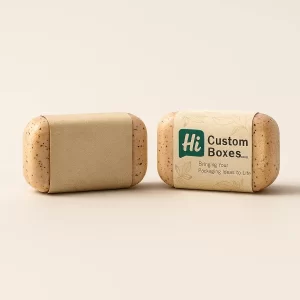 Natural kraft soap sleeves with minimalist design- featuring Hi Custom Boxes branding on organic exfoliating soap bars