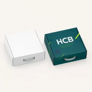 Two closed square mailer boxes with a plastic handle on the front- One is plain white- and the other is dark teal with a -HCB High Concept Branding- logo and abstract neon graphics