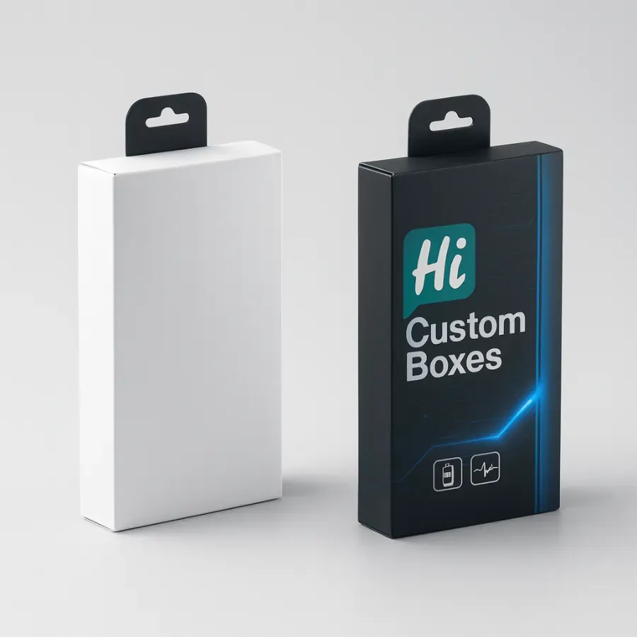 Custom mobile battery packaging boxes with black hanger tab- showing a white plain carton and a branded black box with -Hi Custom Boxes- logo and circuit graphics