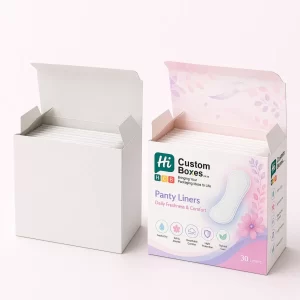 Two top-opening boxes, one plain and one printed with purple floral patterns and feminine care branding.