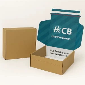 Kraft mailer boxes - one plain brown- one with blue striped inner lid printed with HiCB logo and brand tagline