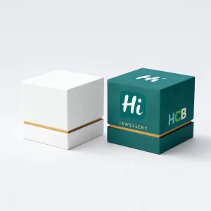 Premium two-piece rigid jewellery boxes with a custom neck-shoulder design and gold foil accent band- One box is white and gold- and the other is custom-branded with a dark teal design