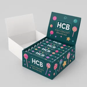 Open box containing ten branded roll-up candy tubes with a colourful lollipop design
