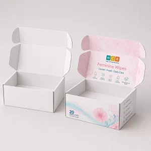 Two top-opening boxes, one blank and one printed with pink floral graphics and brand information.