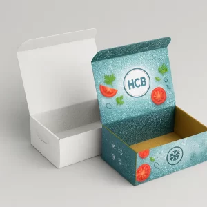 Open- printed freezer-safe boxes with tuck flaps- showing a blue and red tomato design