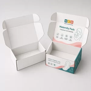 Two square cardboard boxes, one plain and one printed with pink floral feminine care designs.