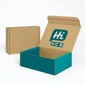 Kraft and teal mailer boxes - one plain brown- one with teal geometric sides and Hi HCB branding inside the lid