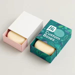 Drawer-style sliding boxes- partially open- revealing a round soap bar inside the tray