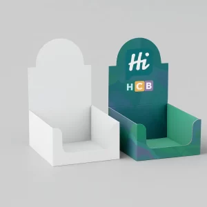 White and printed retail display boxes with a wide front cut-out and rounded backer