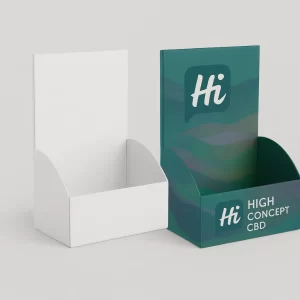 Two custom retail counter display trays- one plain white- one teal and green with -Hi- branding