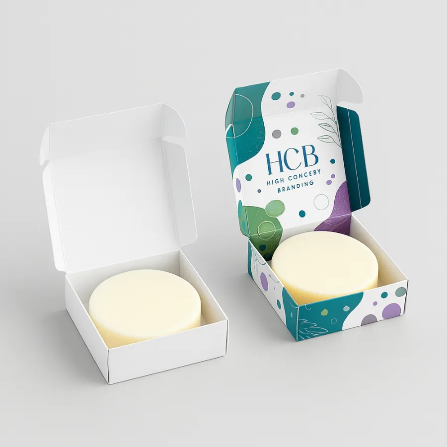 White and branded custom boxes- open- showing a round soap bar inside the packaging