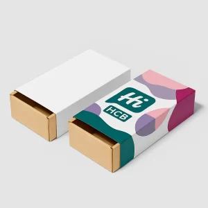 Custom sleeve mailer boxes with minimalist white sleeve and colorful printed design by HCB- showcasing modern packaging for retail and e-commerce use